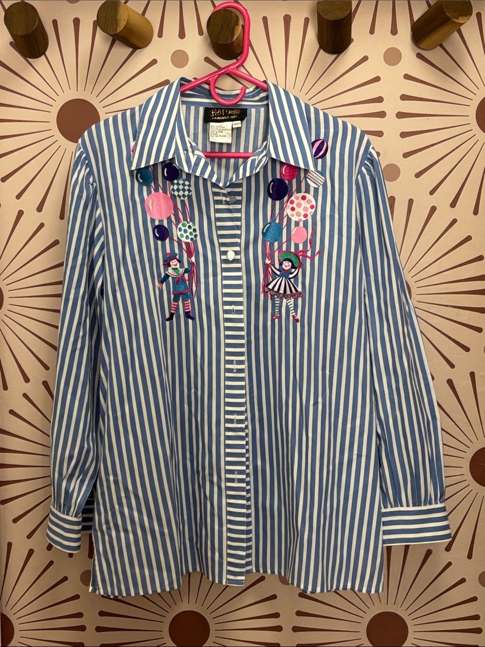 Vintage Bob Mackie Blue & White Striped Button-Down with Clown Embroidery - L